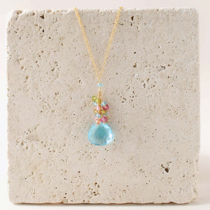 Aquamarine Quartz Silver Raindrop Cluster Necklace