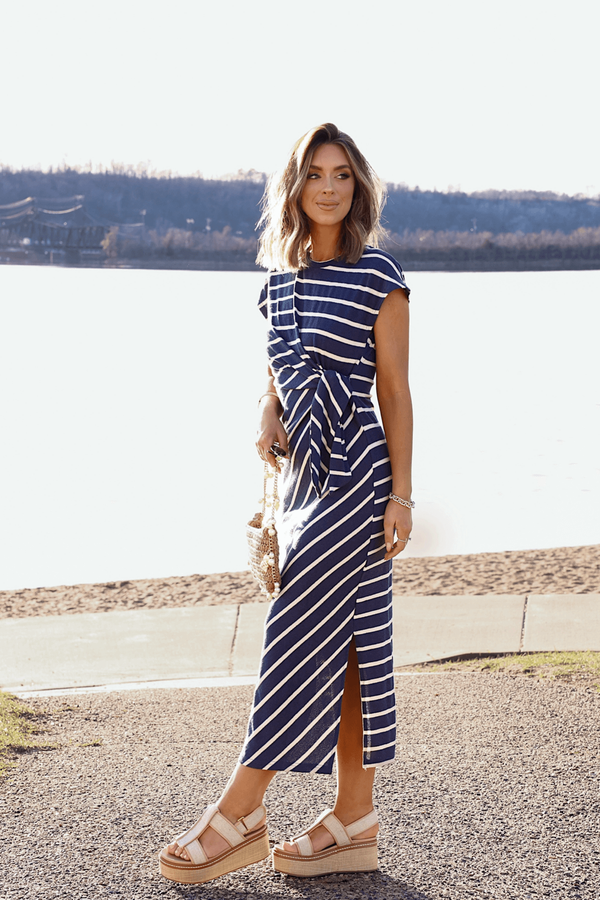 Marina Mornings Navy Striped Midi Tie Dress - FINAL SALE - The Avenue44