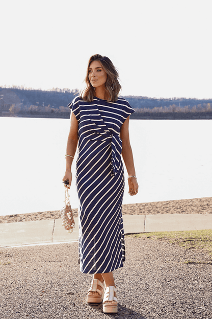 Marina Mornings Navy Striped Midi Tie Dress - FINAL SALE - The Avenue44