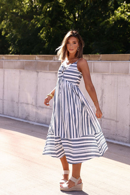 Navy and White Striped Tie Front Midi Dress - FINAL SALE - The Avenue44