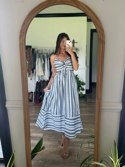 Navy and White Striped Tie Front Midi Dress - FINAL SALE - The Avenue44