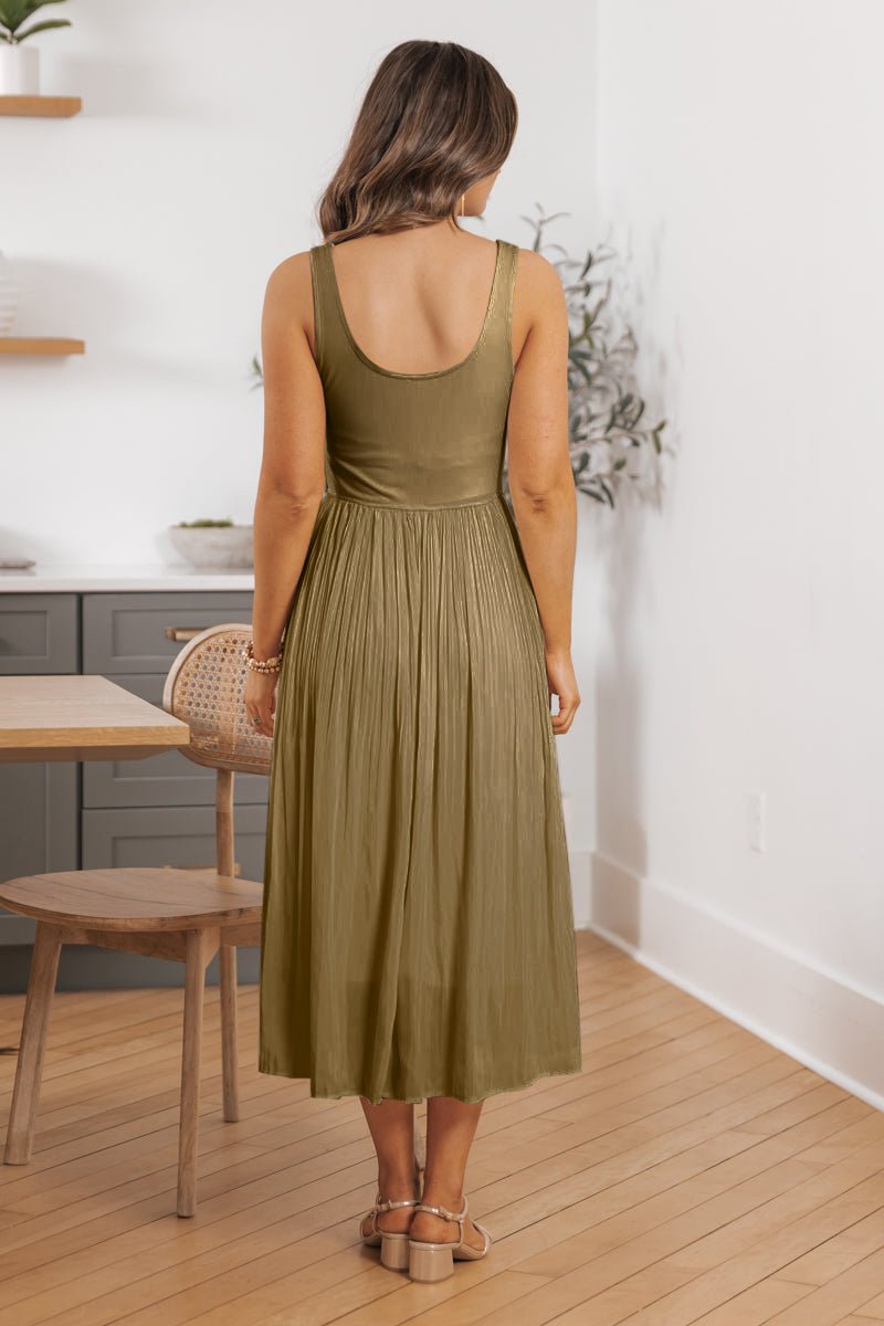 Olive Scoop Neck Pleated Tank Midi Dress - The Avenue44