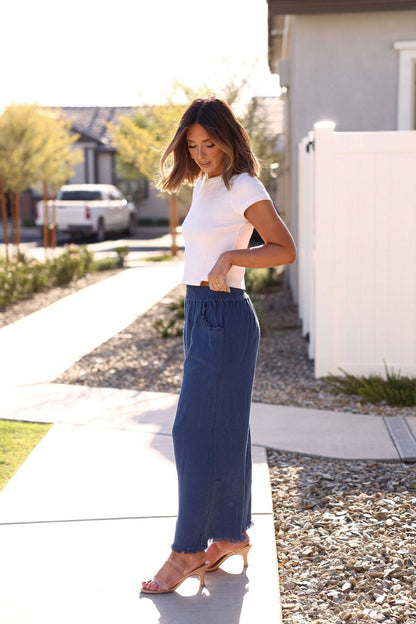 Slate Blue Frayed Linen Wide Leg Pants - FINAL SALE - The Avenue44